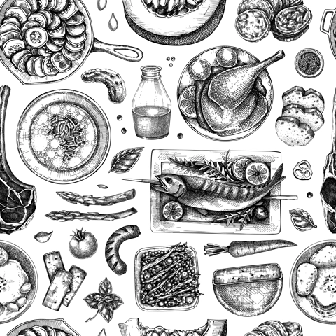 Farm food background. Hand drawn vector illustrations. Rustic kitchen engraved style sketches. Food seamless pattern. NOT AI generated.